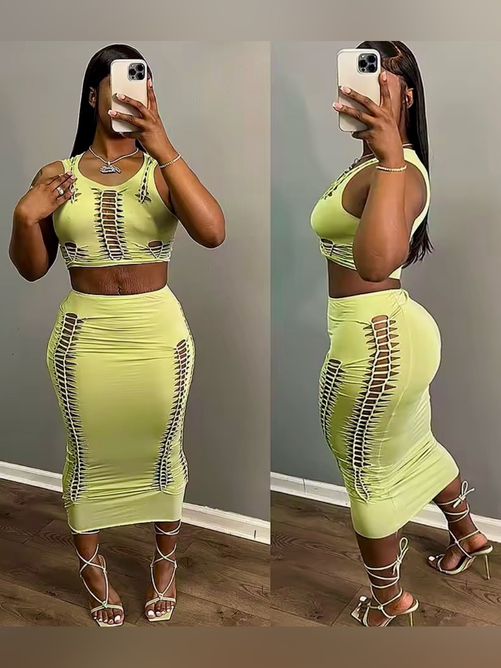 Two piece green hollow out midi dress set